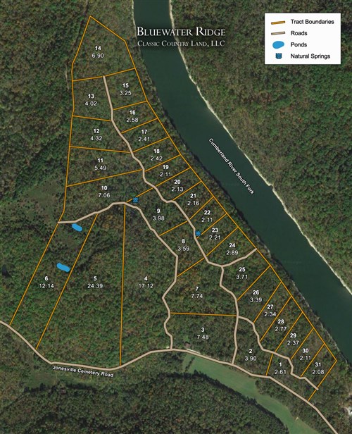 Tract layout map for Bluewater Ridge Tract 16 in Wayne County, Kentucky