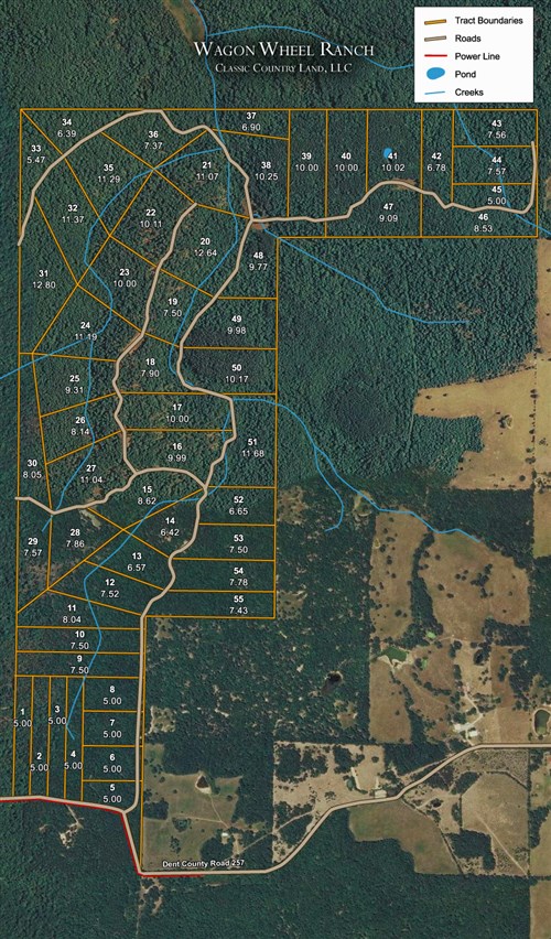 Tract layout map for Wagon Wheel Ranch Tract 20 in Dent County, Missouri