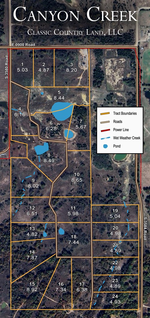 Tract layout map for Canyon Creek Tract 7 in Lincoln County, Oklahoma